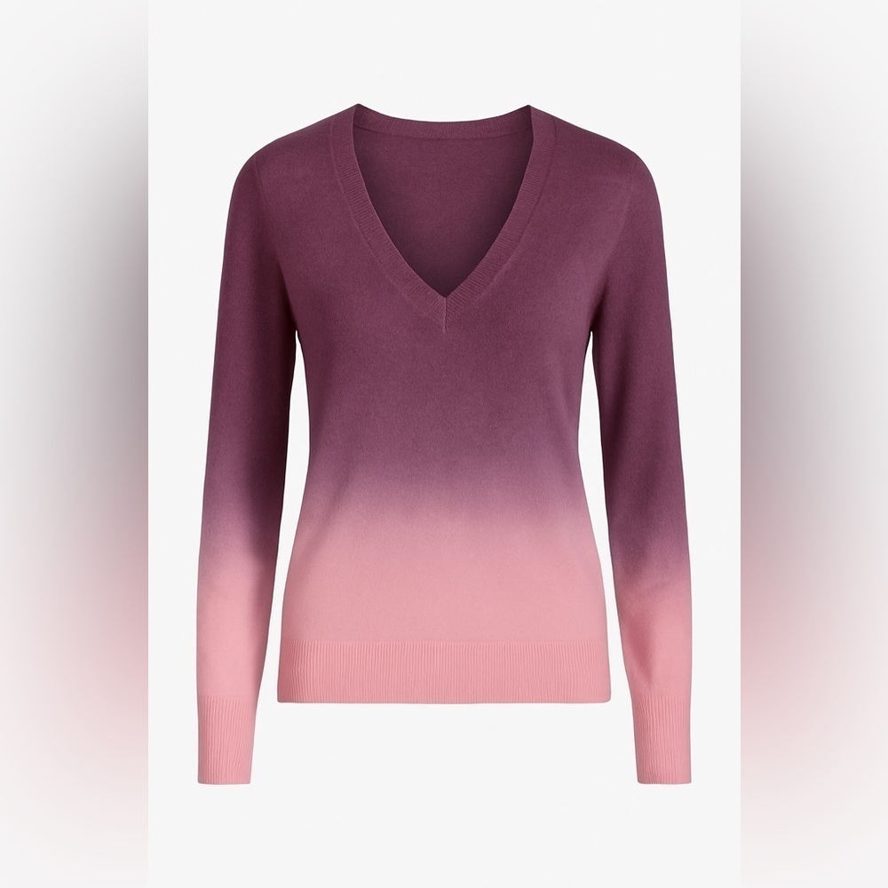 Lord & Taylor 100% Cashmere V-Neck Sweater XS Purple Pink Ombre Gradient Soft